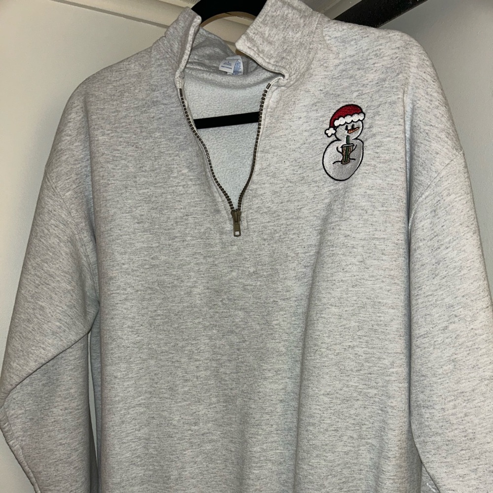 LAST CHANCE Graphic Light Gray Half Zip Sweater with Festive Snowman